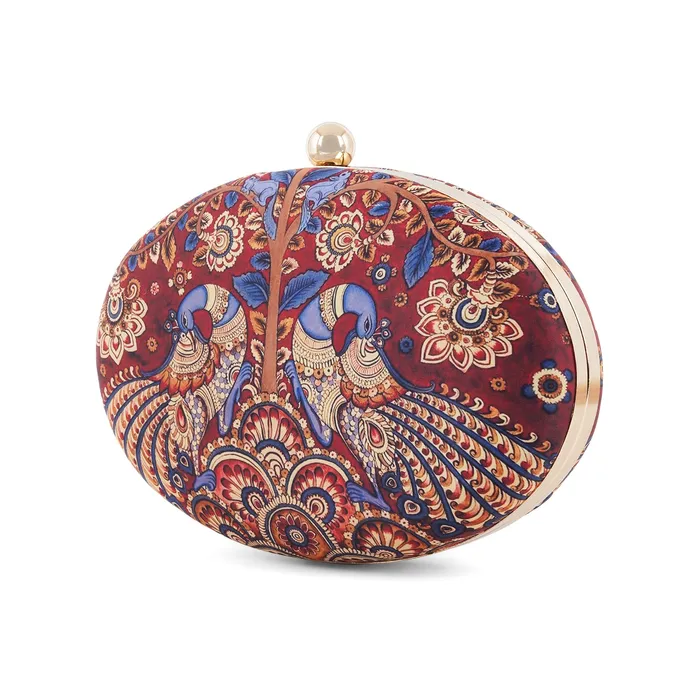 Rings Teejh Crimson Carnival Maroon Blue and Gold Printed Clutch Rings Teejh Crimson Carnival Maroon Blue and Gold Printed Clutch
