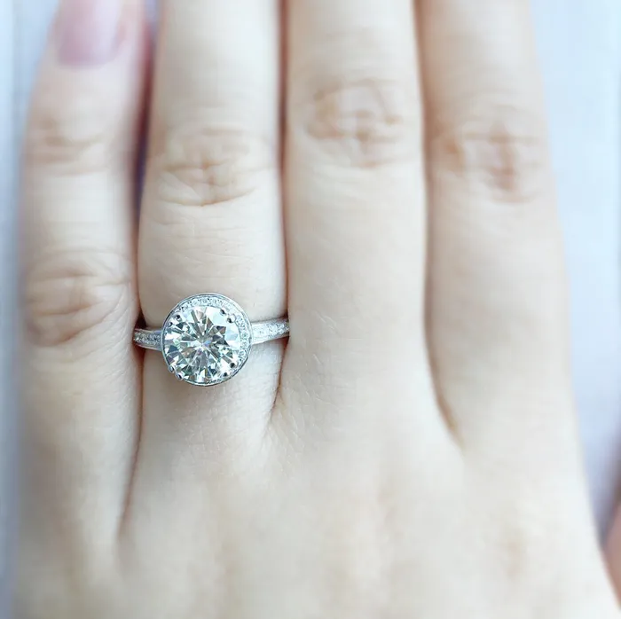 Fire Brilliance 8mm Round Center 14KW Channel Set Accent Diamond Halo Ring Rings