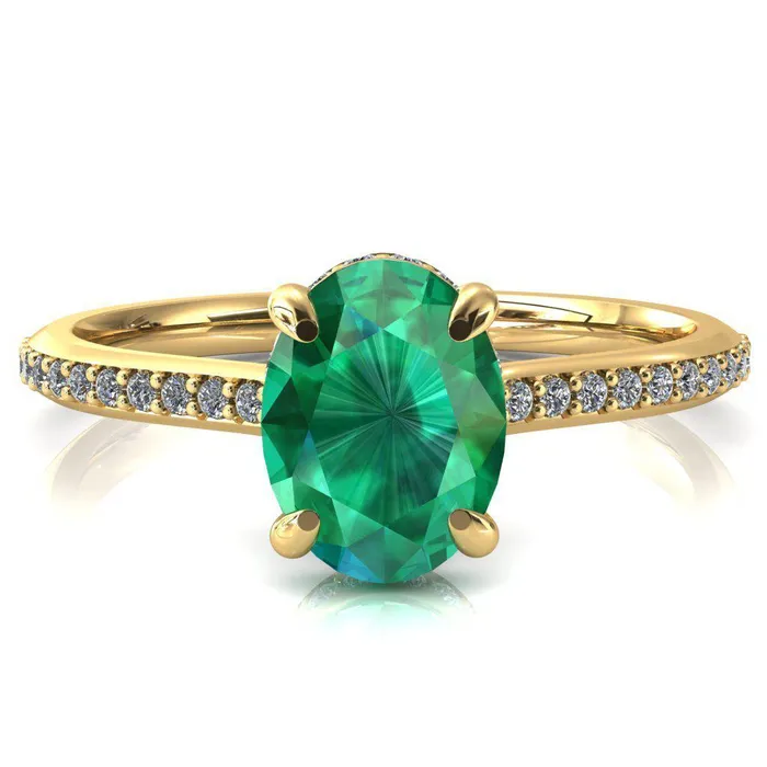 Fire Brilliance Kiki Oval Emerald 4 Prongs Claw Floating Halo 12 Pinpoint Inverted Cathedral Ring Rings