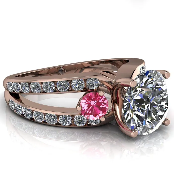 Orion Round Center Stone 2 Round Pink Sapphire Sides Split Shank Diamond Channel Set Ring Fire Brilliance Rings