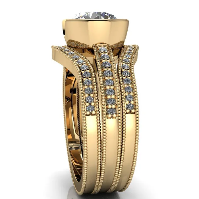 Rings Fire Brilliance Alaina Round Center Stone Half Bezel Set Milgrain Diamond Sides Ring