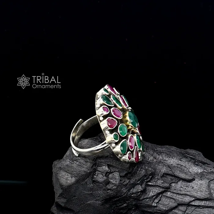Rings TRIBAL ORNAMENTS Green and red cut stone 925 sterling silver handmade silver charm ring band adjustable ring brides personalized jewelry sr405