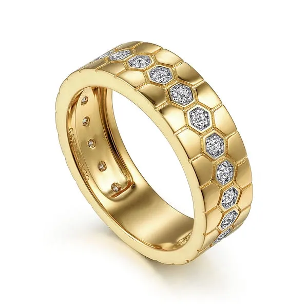 Gabriel Co Rings 14K Yellow Gold Diamond Hexagon Design Band