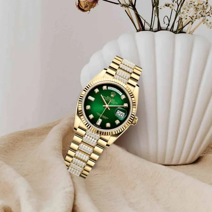 Rolex Bracelets Rolex Day Date 36mm Ref 1282380070 Green Ombre Diamond Dial Fluted Bezel 18K Yellow Gold Diamonds President Bracelet Watch