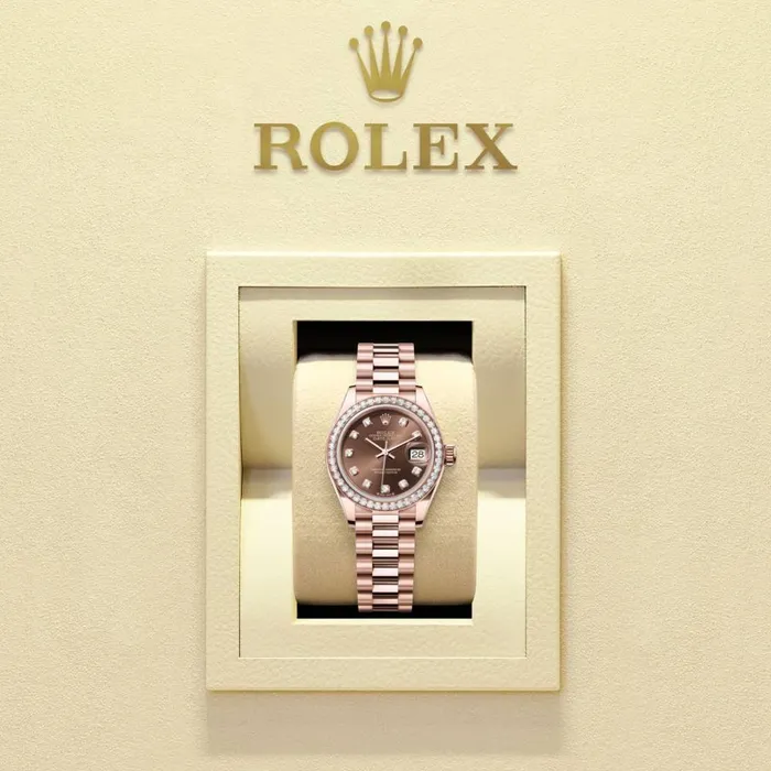 Rolex LadyDatejust 28mm Ref 279135rbr0017 Chocolate Diamond Dial Diamond Bezel 18K Rose Gold Presidential Bracelet Womens Watch Rolex Bracelets