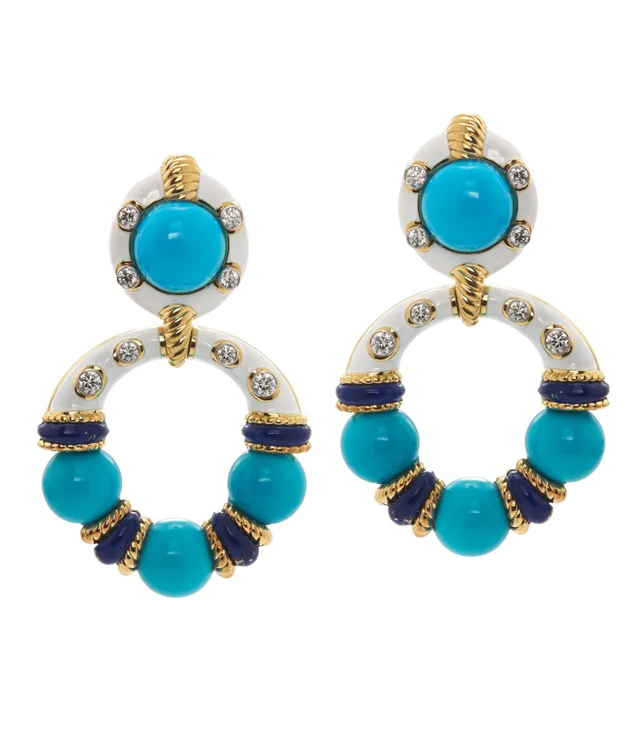 Earrings David Webb Workshop Stud Hoop Earrings Turquoise Beads with White Enamel
