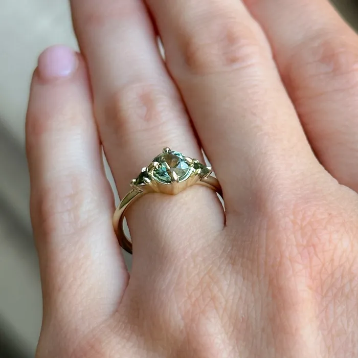 099ct Songean Green Sapphire and Trillion Parti Sapphire Antique Low Profile Ring in 14k Green Gold Anueva Jewelry Rings