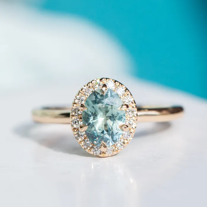 104ct Oval Montana Sapphire Six Prong Halo Ring in 14k Yellow Gold Anueva Jewelry Rings